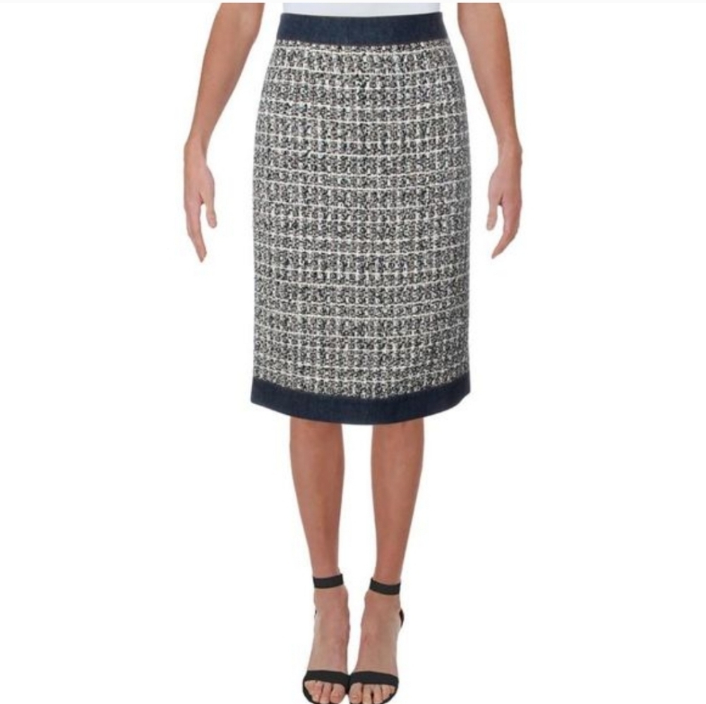 Gracia Womens White Tweed Denim Trim Office Pencil Skirt NWT Size Small